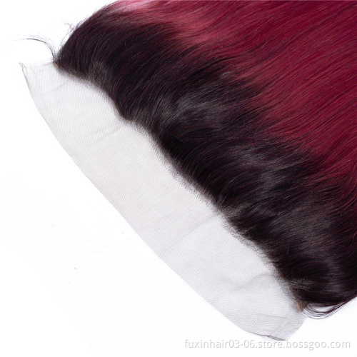 Cheap 1B Burgundy Straight Brazilian Hair Weave Bundles With Frontal Closure